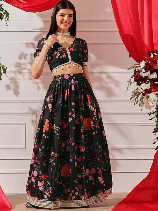 indo street Floral Printed V Neck Top With Skirt Co-Ords