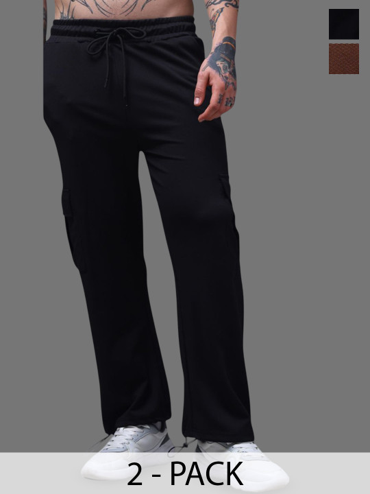 MADSTO Men Pack Of 2 Cotton Mid-Rise Relaxed-Fit Cargo Trackpants