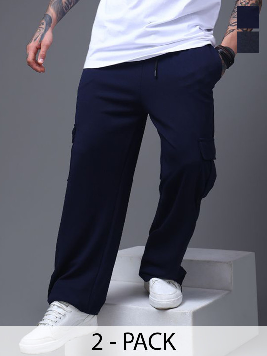 MADSTO Men Pack Of 2 Mid-Rise Relaxed-Fit Cotton Cargo Trackpants