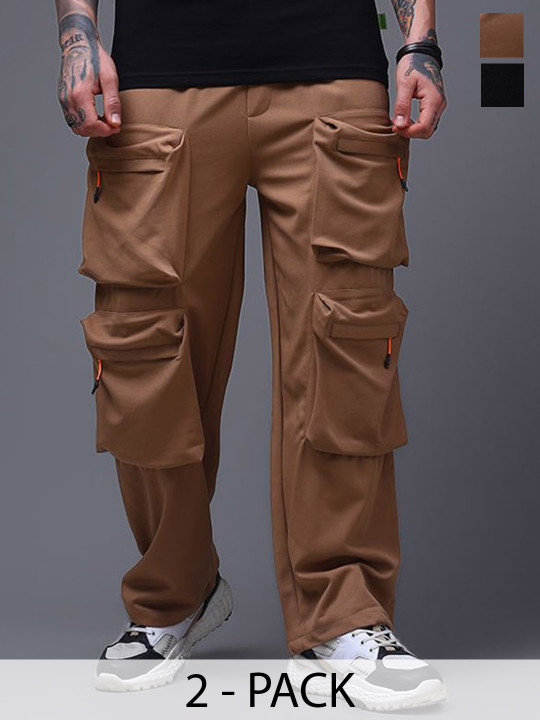 MADSTO Men Pack Of 2 Cotton Mid-Rise Relaxed-Fit Cargo Trackpants