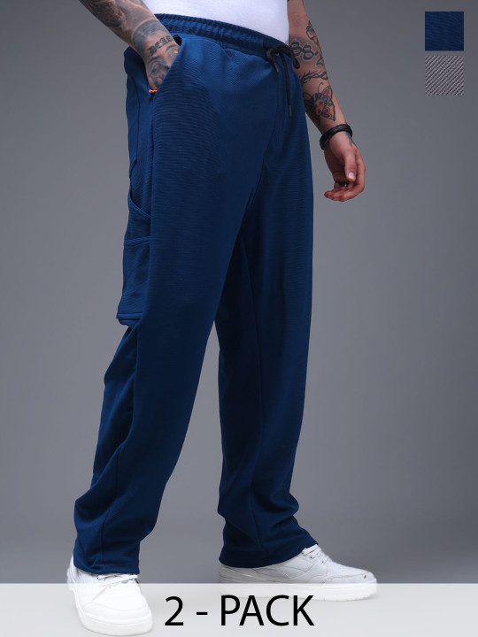 MADSTO Men Pack Of 2 Cotton Mid-Rise Relaxed-Fit Cargo Trackpants