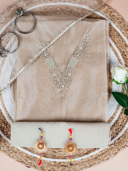 Achrangi Embroidery Beads & Stones Organza Unstitched Dress Material
