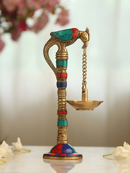 Revive Home Gold-Toned And Blue Textured Parrot Hanging Diya