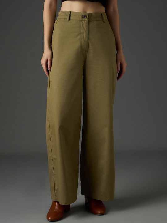 SASSAFRAS Women Solid Flared High-Rise Anti Fit Trousers