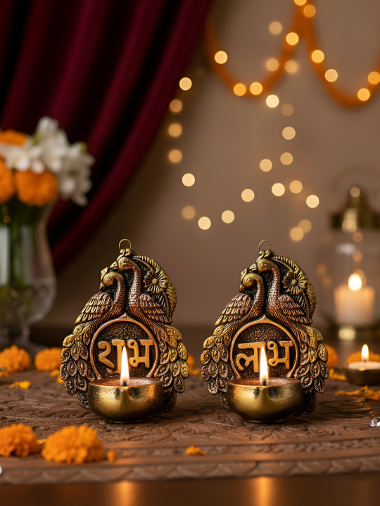 The handicraftian Brown 2 Pieces Textured Peacock Designed Hanging Diyas