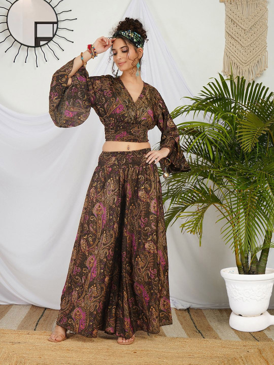 Boholyfe Evelina Mocha Printed V-Neck Top With Palazzo Co-Ords