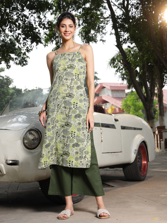 Stylum Women Floral Printed Regular Mirror Work Pure Cotton Kurta with Palazzos