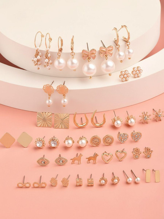 Zaphariq Set Of 25 Gold-Plated Artificial Beaded Circular Shaped Hoop Earrings
