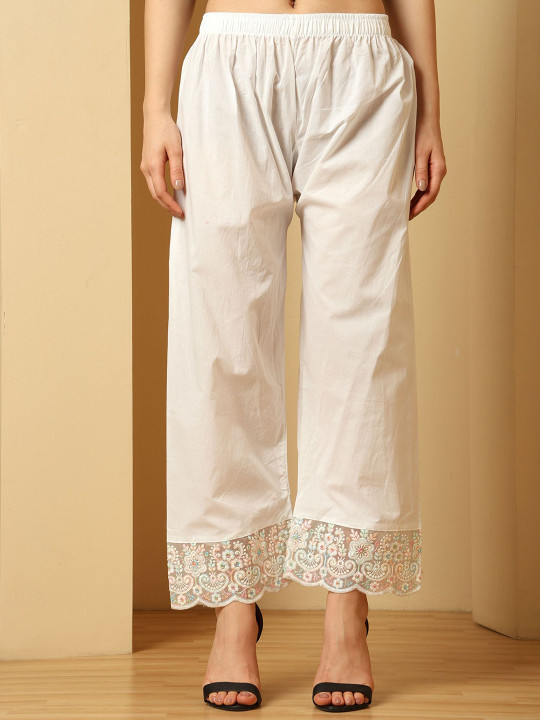 URBAN KANYA Women Floral Embroidered Straight Fit Cambric Cotton Palazzos