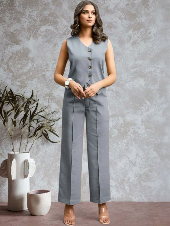 Anouk Pure Cotton V Neck Waist Coat With Trousers Co-Ords
