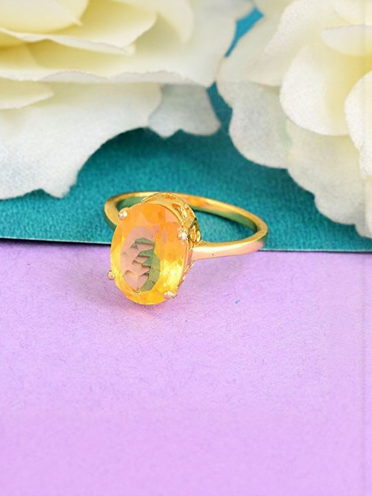 DZINETRENDZ Brass Goldplated High Crown Faux Yellow Sapphire (Pukhraj) Fingerring