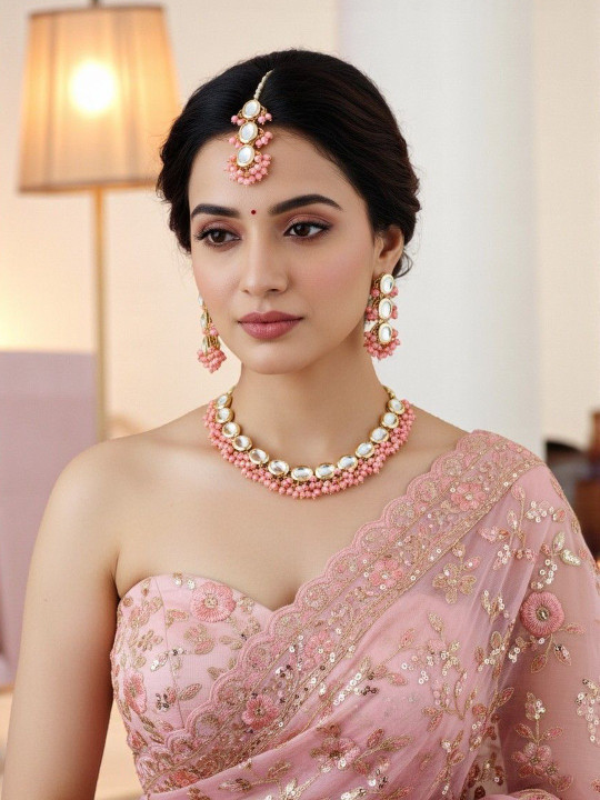 LUCKY JEWELLERY 18K Gold-Plated Meenakari Kundan Stone Studded & Beaded Jewellery Set