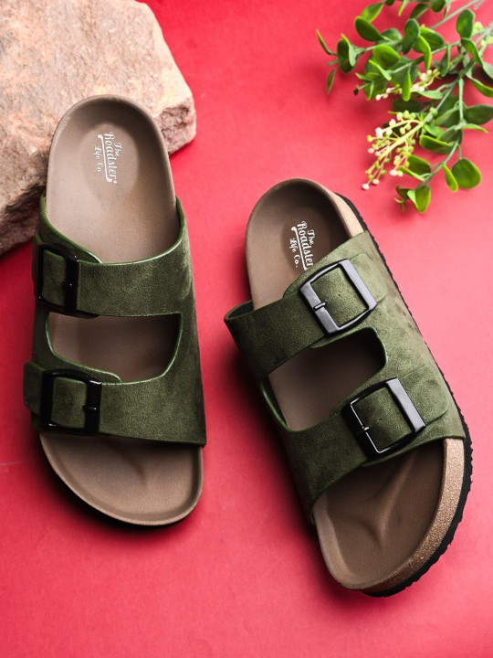 Roadster Men Olive Solid Synthetic Leather Slip On Comfort Sandals