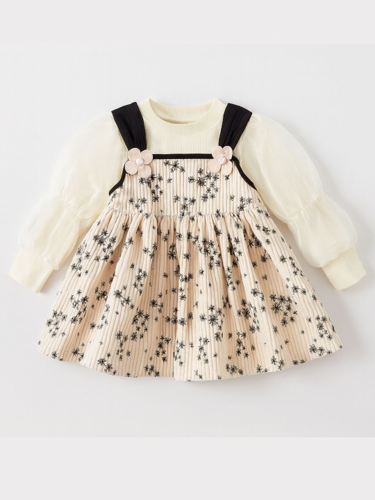 Bold N Elegant Girls Floral Printed Puff Sleeves Corduroy Pinafore Dress