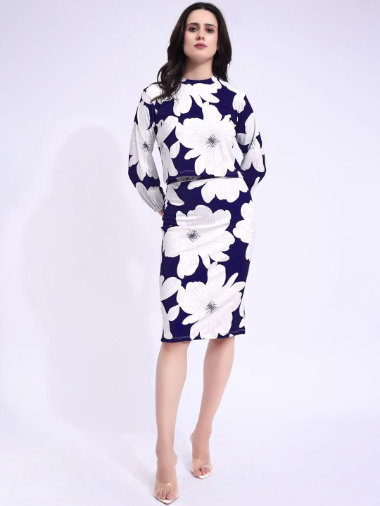 PURVAJA Printed Round Neck Long Sleeves Top With Skirts