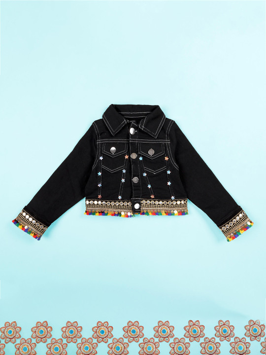 KiddoPanti Girls Self Design Spread Collar Crop Denim Jacket