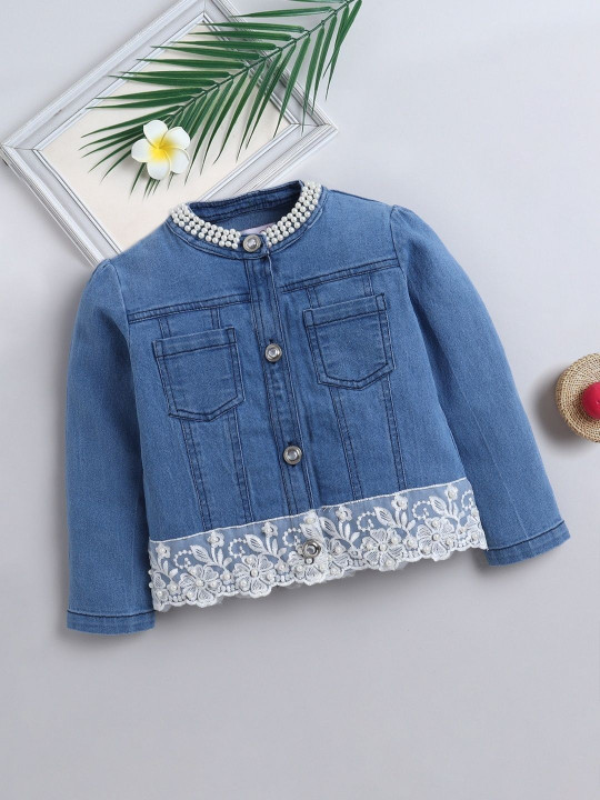 BRIGHT STARS KIDSWEAR Girl Full Sleeves Denim Jacket with Pearl Collar & Lace Detailing