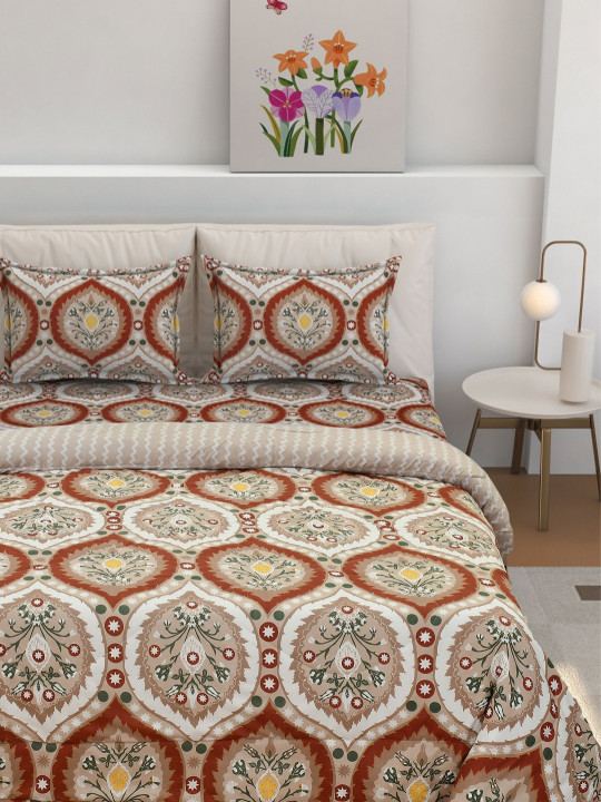 Florida Orange & Brown 4 Pieces Ethnic Motifs Double Queen Superfine Bedding Set