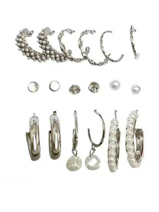 TheVineGirl Set Of 9 Silver-Plated Circular Shaped Half Hoop Earrings