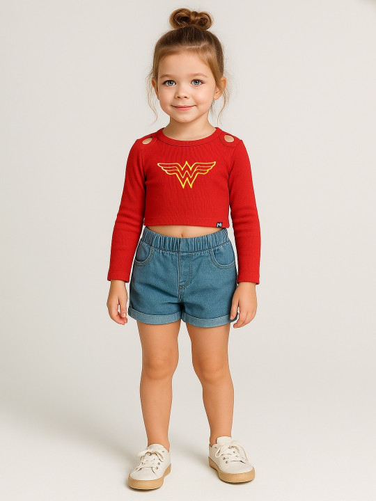 YK X Minute Mirth Girls Wonder Woman Embroidered Cotton Crop Top