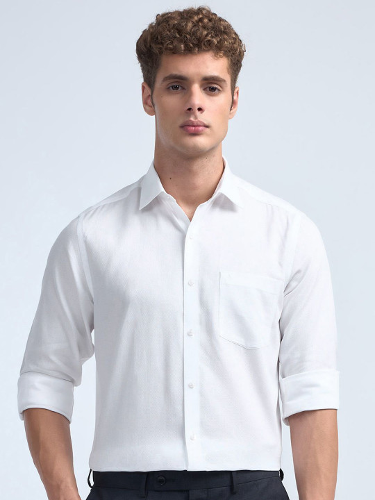 Arrow Textured Spread Collar Long Sleeves Pure Cotton Opaque Formal Shirt