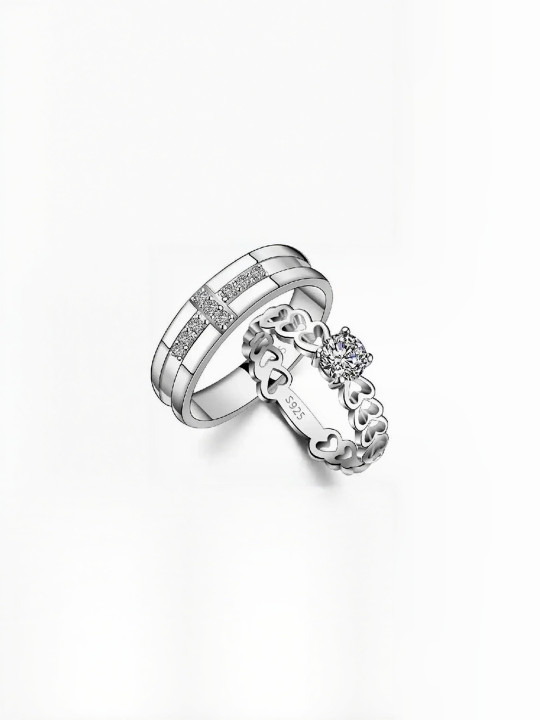 Iga collection Set Of 2 Unisex Stone Studded Hearts with Cross Couple Finger Rings