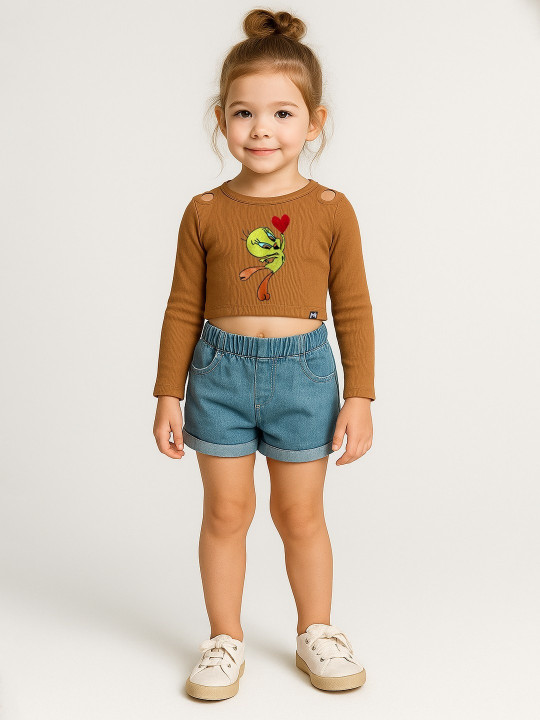YK X Minute Mirth Girls Tweety Embroidered Cotton Crop Top