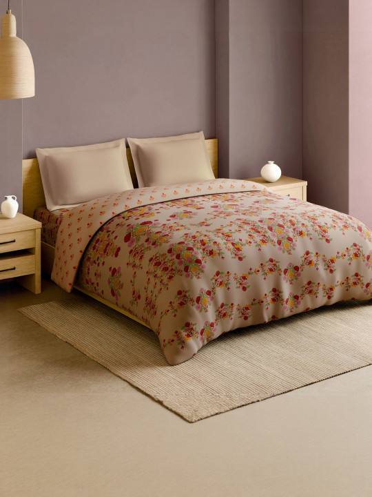 SPACES Kashida Beige & Red Floral Printed AC Room Pure Cotton 210 GSM Double King Quilt