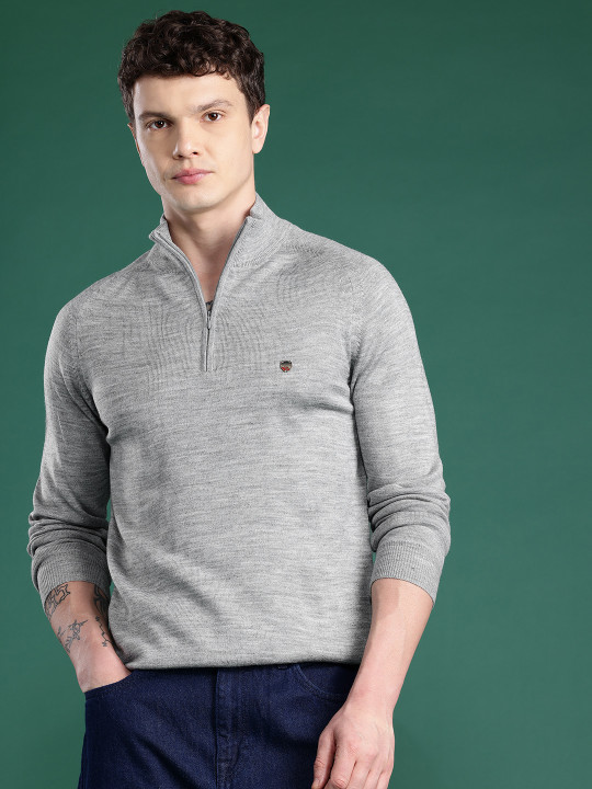 Cayman Men Solid High Neck Half Zipper Woollen Pullover