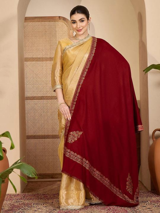 Sangria Winter Ethnic Motifs Woven Border Paisely Design Woollen Shawl