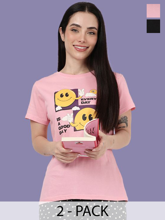 Kryptic Women Pack Of 2 Relaxed Fit Printed Pure Cotton Lounge Tshirts