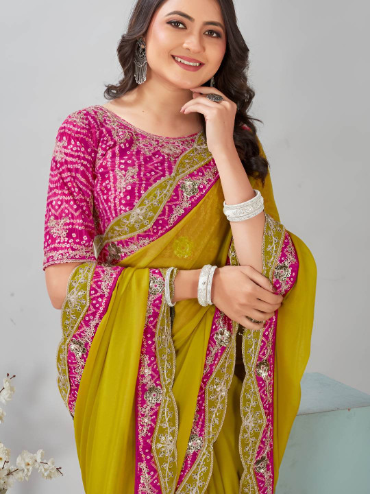 Mfh Mishti fashion hub Embroidered Chiffon Bandhani Saree With Unstitched Blouse Piece