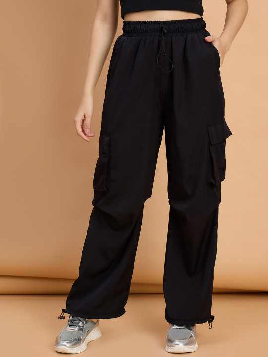 QIOA Women Relaxed Loose Fit High-Rise Cargos Parachute Trousers