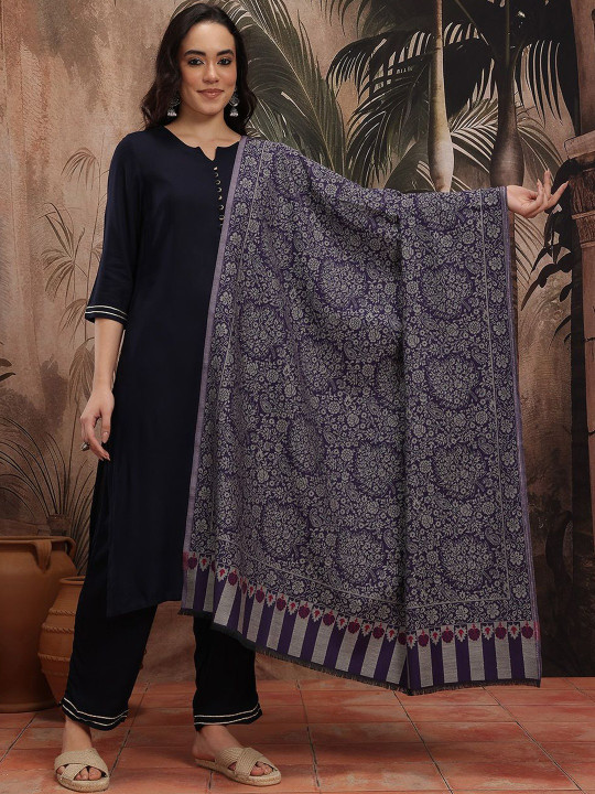 Sangria Women Purple Floral Woven Design Shawl