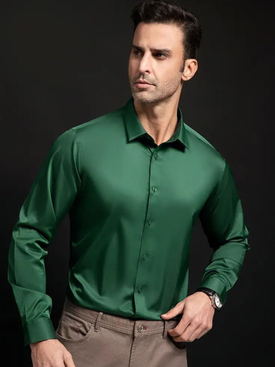 INDOPRIMO Spread Collar Long Sleeves Satin Casual Shirt