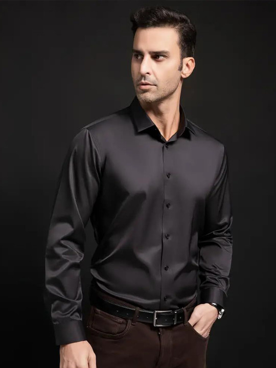 INDOPRIMO Men Solid Spread Collar Satin Formal Shirt