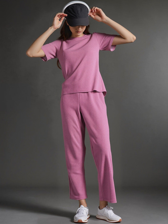 HERE&NOW Women Cotton Blend Short Sleeves Round Neck T-Shirt With Trousers Co-Ords