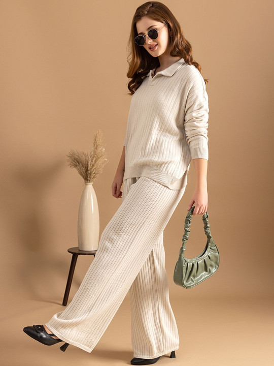 Roadster The Lifestyle Co Self Design Ribbed Knit Sweater & Wide-Leg Trousers Co-Ords