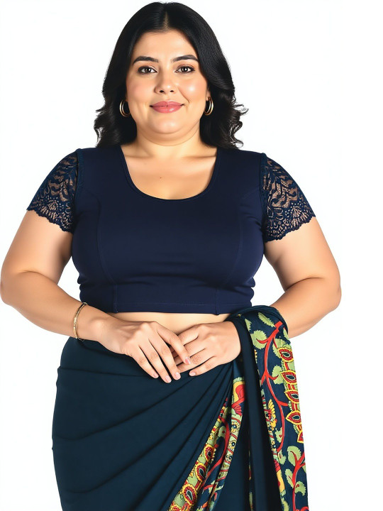 Abhi Women U Neck Solid Cotton Lycra Stretchable Half Sleeve Readymade Saree Blouse