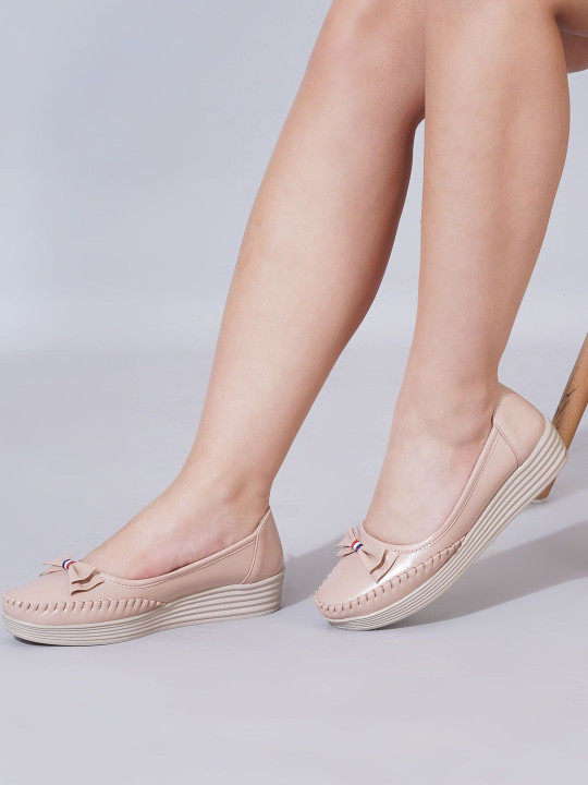 Shoetopia Women Peach Synthetic Slipon Solid Smart Casual Loafers