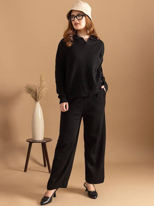 Roadster The Lifestyle Co Self Design Ribbed Knit Sweater & Wide-Leg Trousers Co-Ords