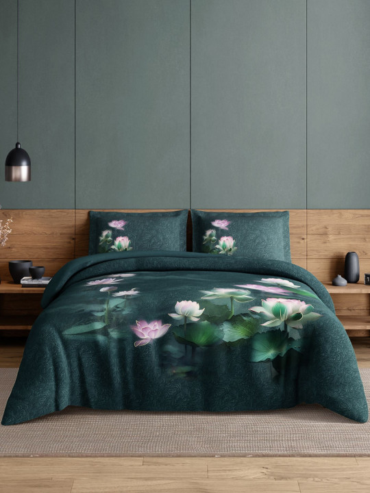 SPACES Cotton Teal Floral 210 TC King Bedsheet with Pillow Covers