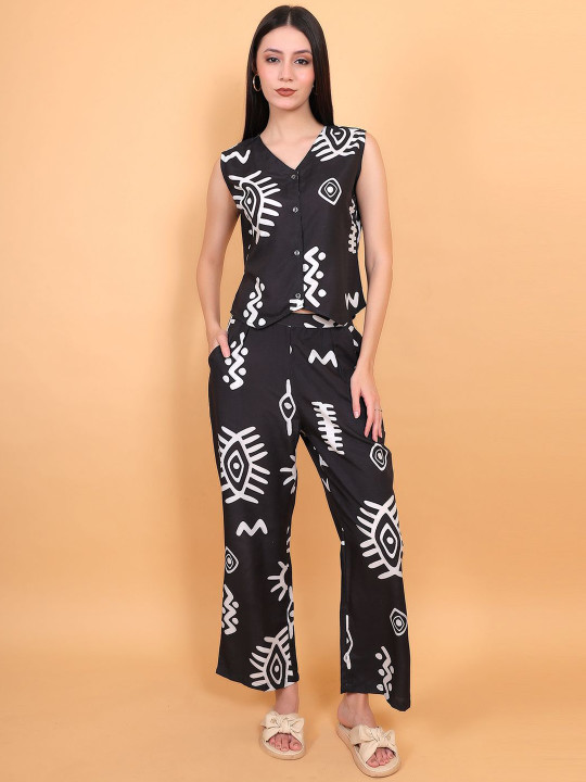 FIMS Printed V-Neck Top With Palazzos Co-Ords