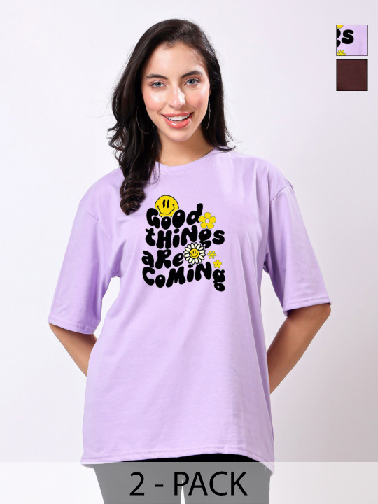 TQH Women Pack of 2 Typography Printed Round Neck Oversized T-shirts