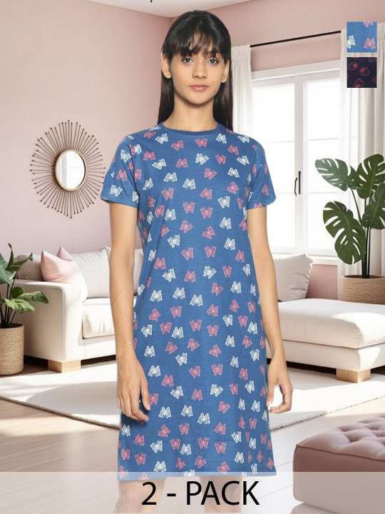 Kryptic Pack Of 2 Blue Printed Nightdress
