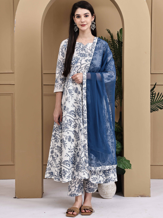 KALINI Floral Printed Anarkali Pure Cotton Kurta With Trouser & Dupatta