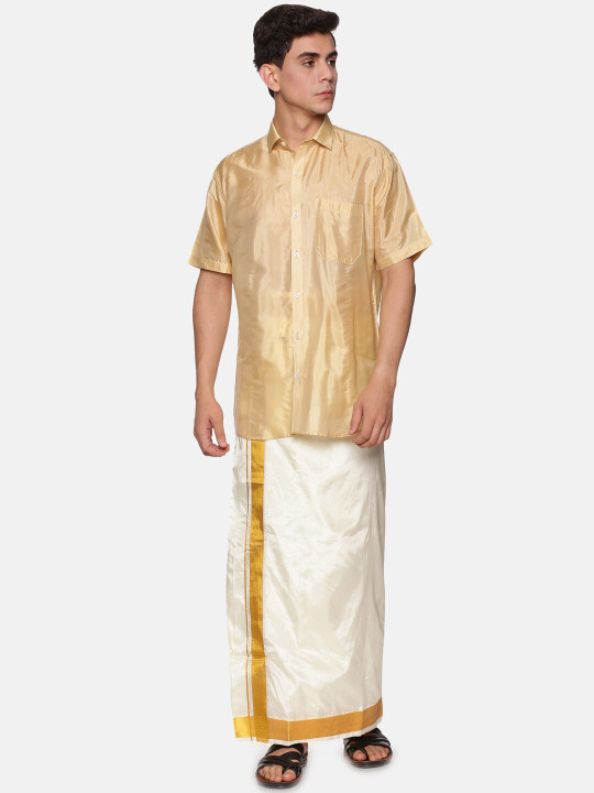 Sethukrishna Men Beige & White Shirt with Dhoti Pants