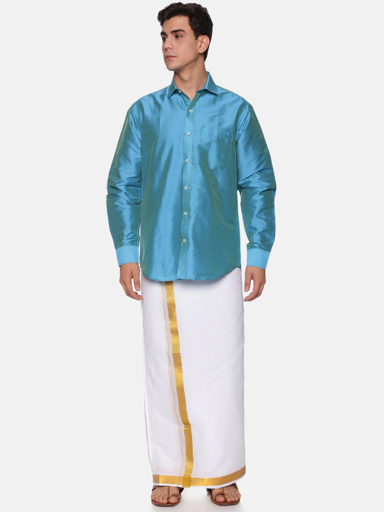Sethukrishna Men Turquoise Blue & White Solid Shirt with Dhoti