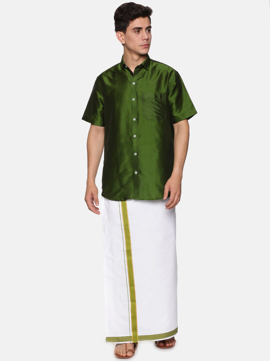 Sethukrishna Men Olive Green & White Shirt with Dhoti Pants