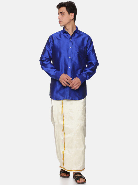 Sethukrishna Men Navy Blue & White Shirt with Dhoti Pants